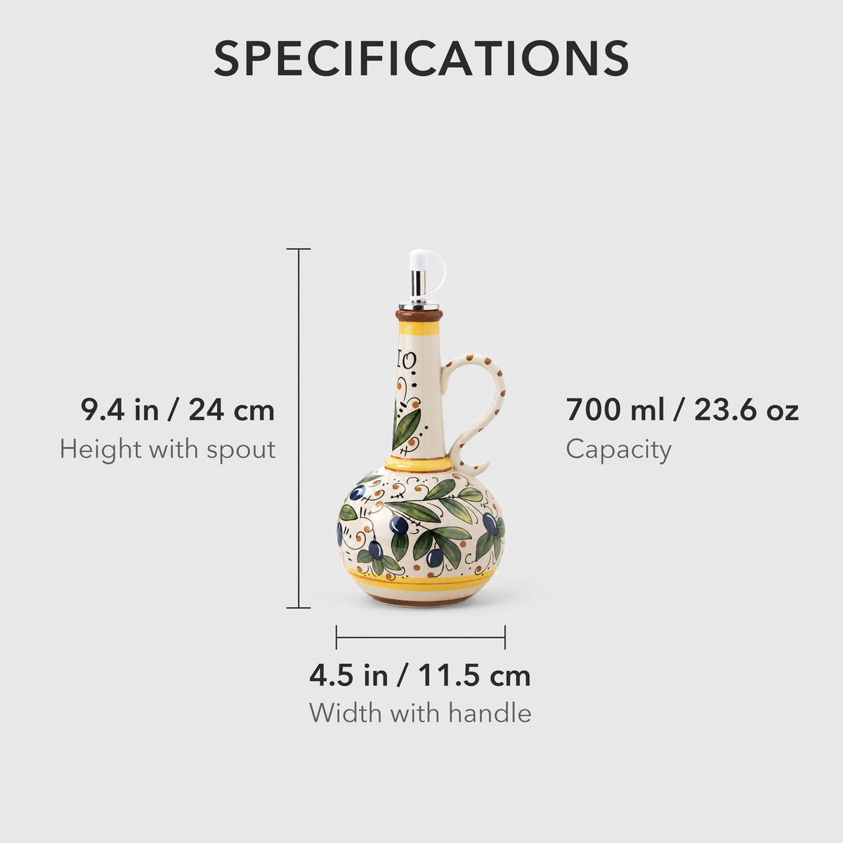 Oil bottle dimensions: 9.4 inches tall including the spout and 4.5 inches wide including the handle, holds 700 ml
