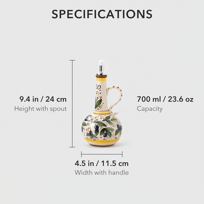 Oil bottle dimensions: 9.4 inches tall including the spout and 4.5 inches wide including the handle, holds 700 ml