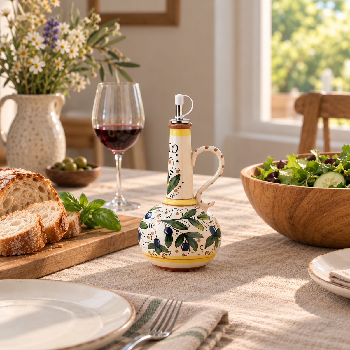 Olive oil bottle on a linen dinner table with a salad bowl and sliced bread