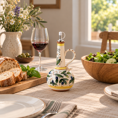 Olive oil bottle on a linen dinner table with a salad bowl and sliced bread