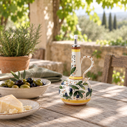 Painted ceramic oil bottle on an outdoor terrace table with a bowl of olives