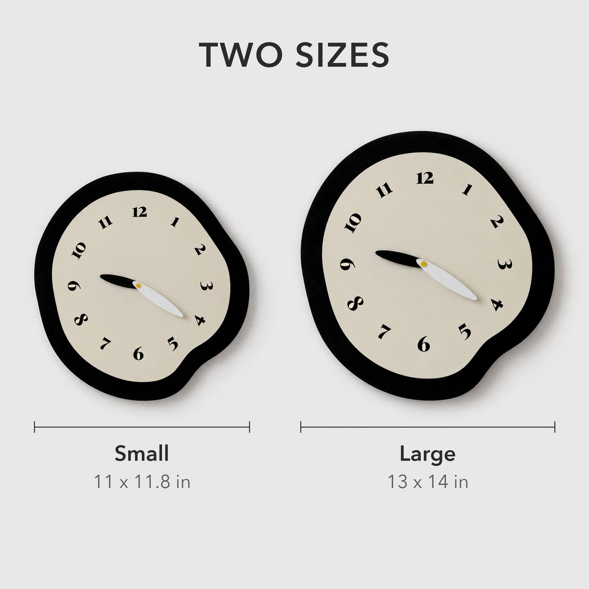 Text image: Two sizes, Small 11 x 11.8 inches and Large 13 x 14 inches, shown side by side