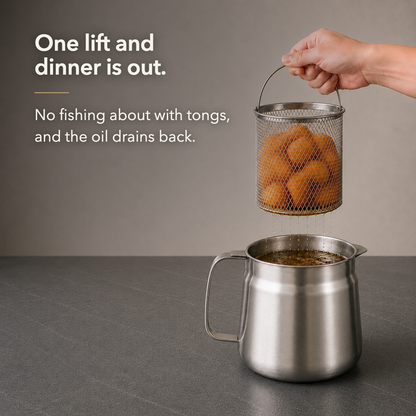 Claim card: a hand lifts the fry basket out by its bail handle and the oil drains back into the pot