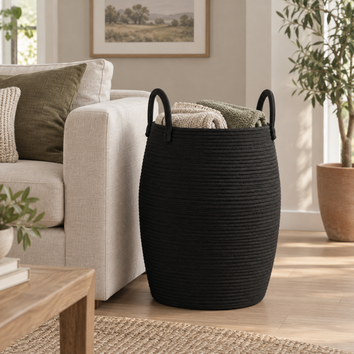 A black rope laundry hamper holding folded throws beside the arm of a couch.
