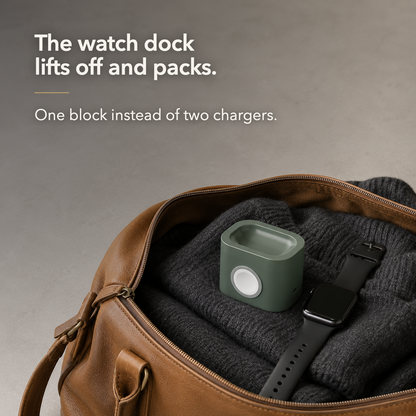 The watch dock lifts off and packs - the detached green watch dock in a travel bag beside a smartwatch