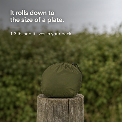 Claim card: it rolls down to the size of a plate, 1.3 lb and it lives in your pack