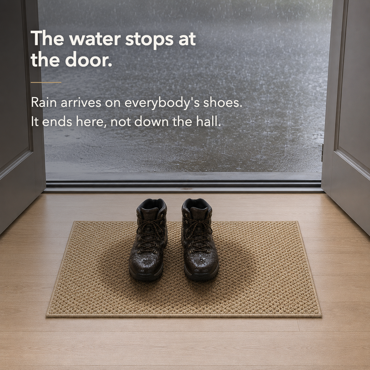 Text card. Wet dark brown leather walking boots standing on the doormat inside an open door with rain falling outside, the pile darkened with water around the boots and the oak floor in front of the mat dry, headed The water stops at the door, above the lines Rain arrives on everybody's shoes. It ends here, not down the hall.
