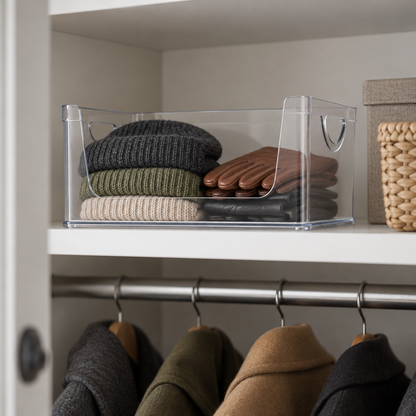 Clear open-front bin of beanies and gloves on a hall closet shelf above hanging coats