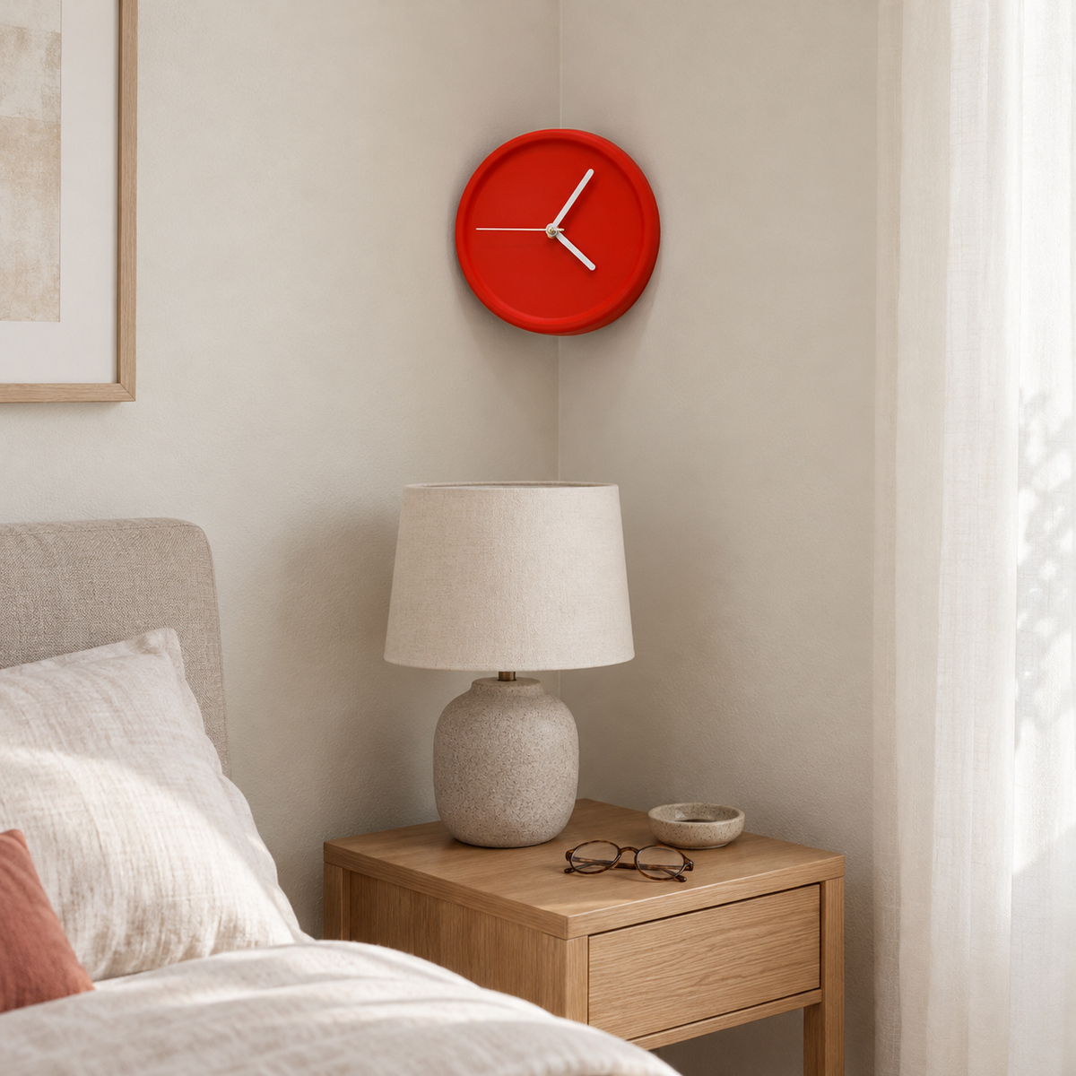 Red corner wall clock in a bedroom corner above a bedside table
