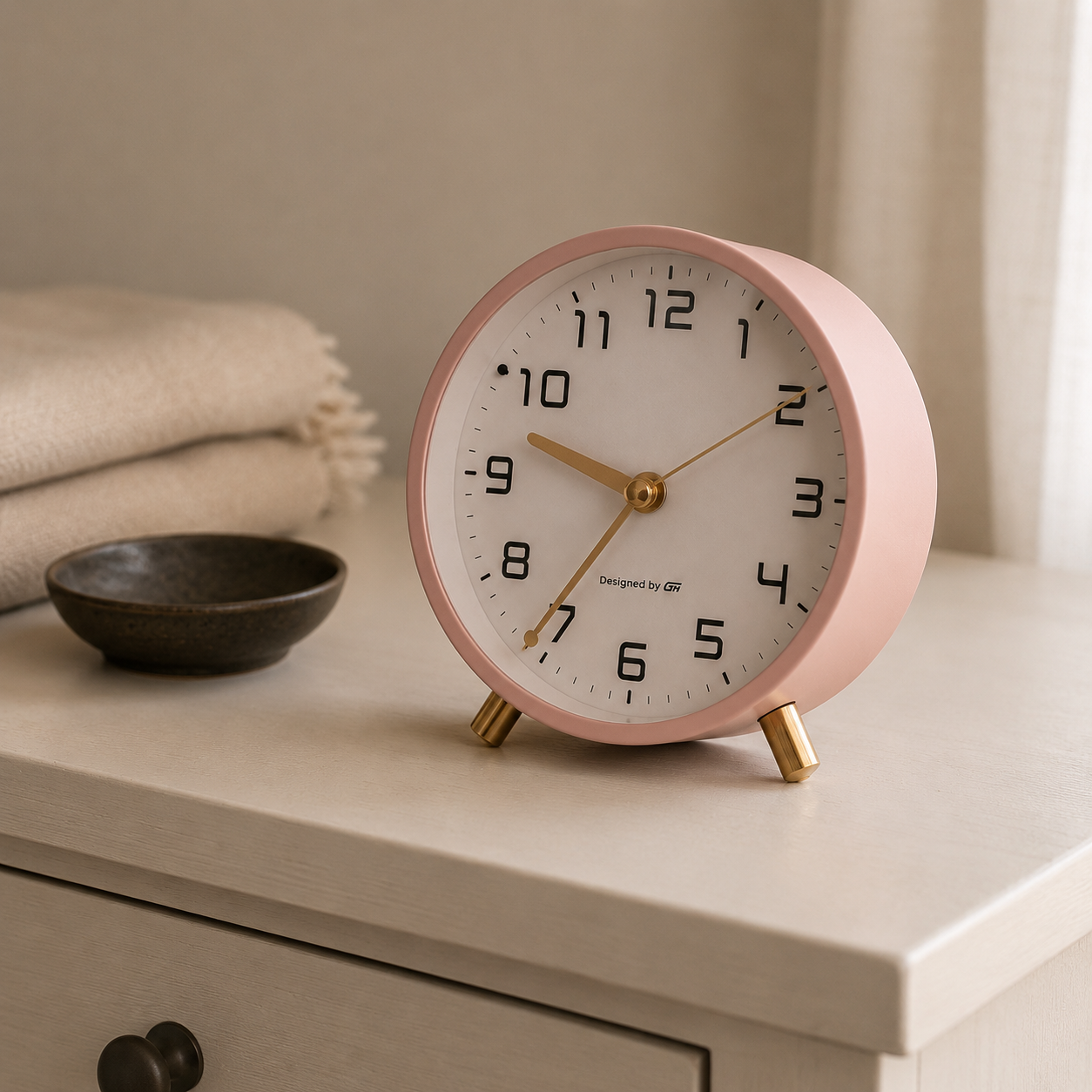 Dusty pink analog alarm clock on a painted chest of drawers in soft morning daylight