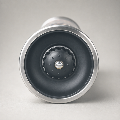 The ceramic grinding head and the central screw that sets the coarseness