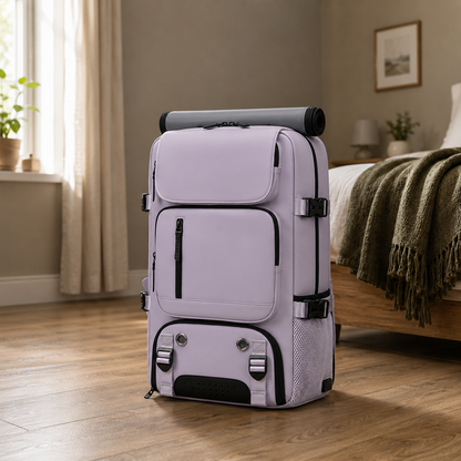 Light purple travel backpack standing on the wooden floor of a bedroom, daylight from the window and a made bed behind it