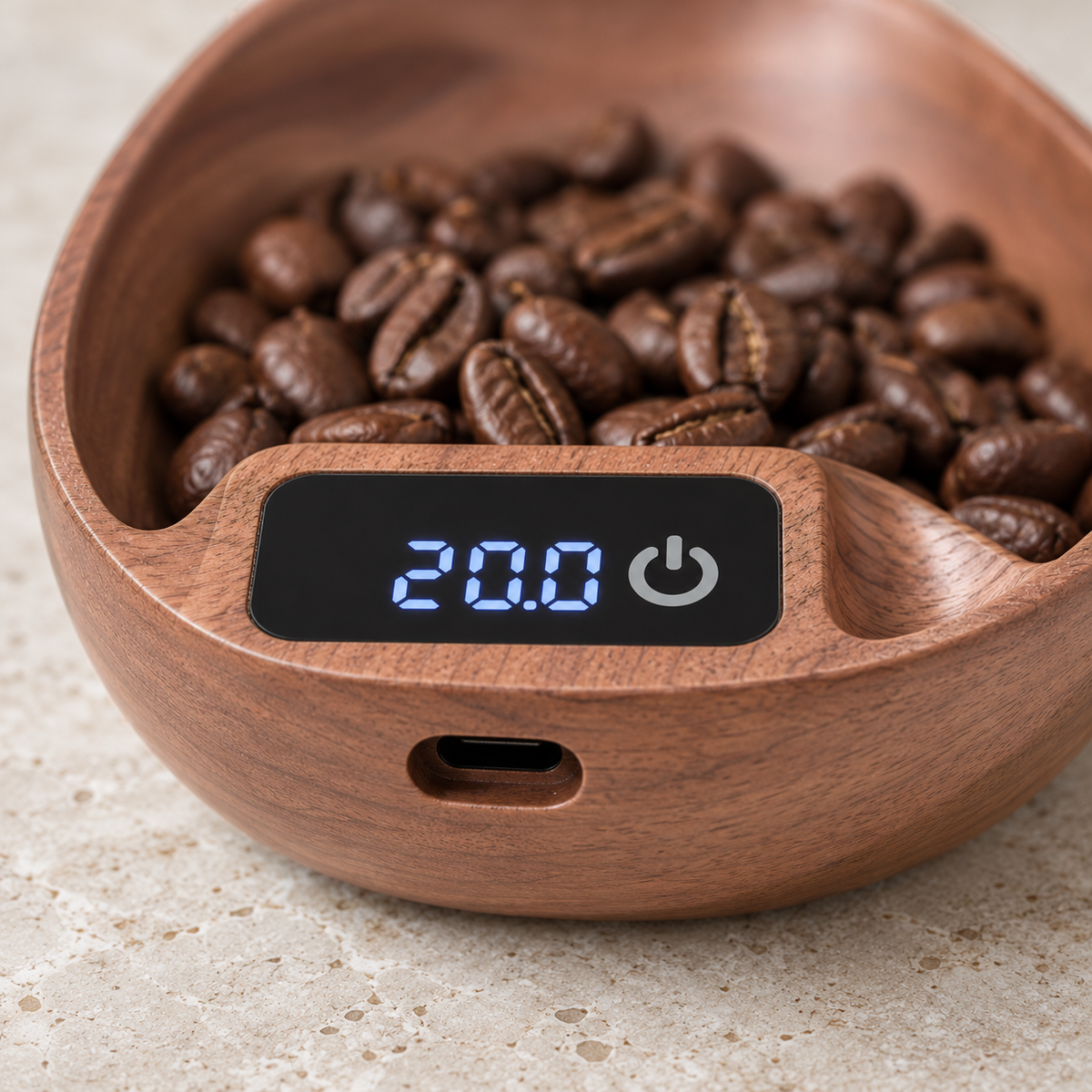 Close-up of the lit LED display set into a raised block in the rim of the walnut coffee scale