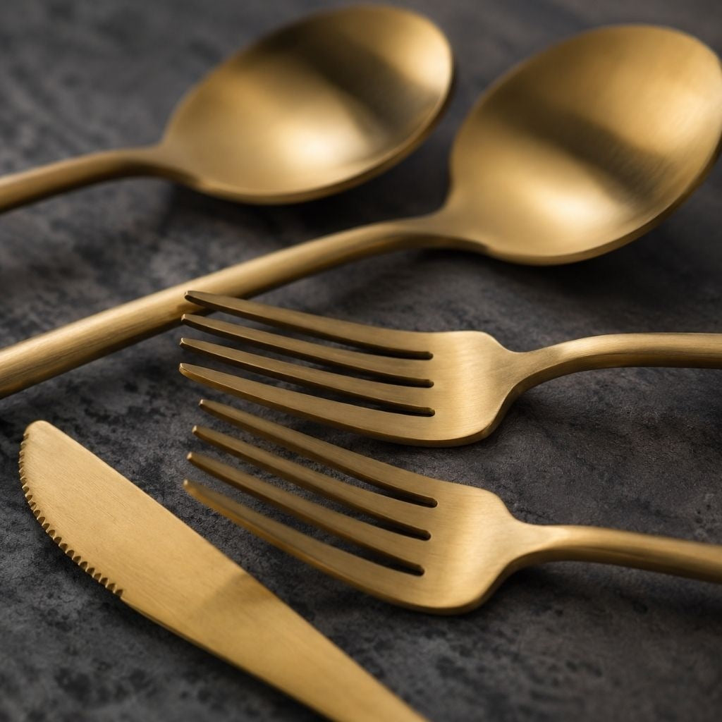 Close view of matte gold spoons, forks and serrated knife showing the brushed finish