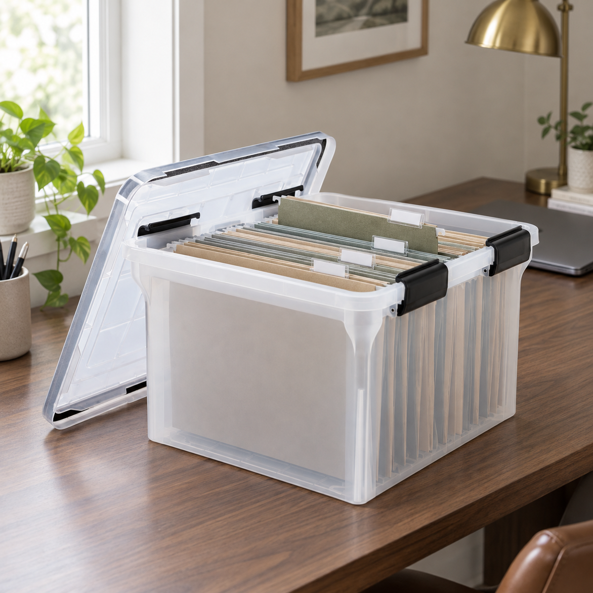 Open file box on a walnut desk with hanging folders and the lid leaning against it