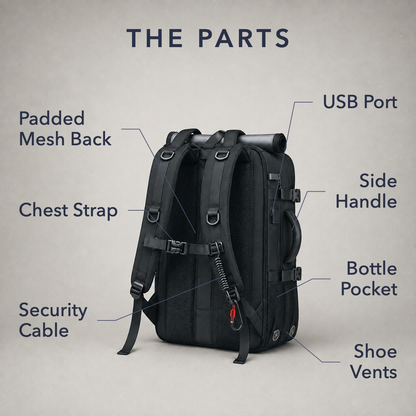 Rear three quarter view of the black travel backpack on gray with labels for the padded mesh back, chest strap, security cable, USB port, side handle, bottle pocket and shoe vents