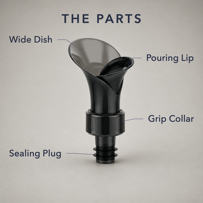 Labelled diagram of the wine stopper naming the wide dish, pouring lip, grip collar and sealing plug