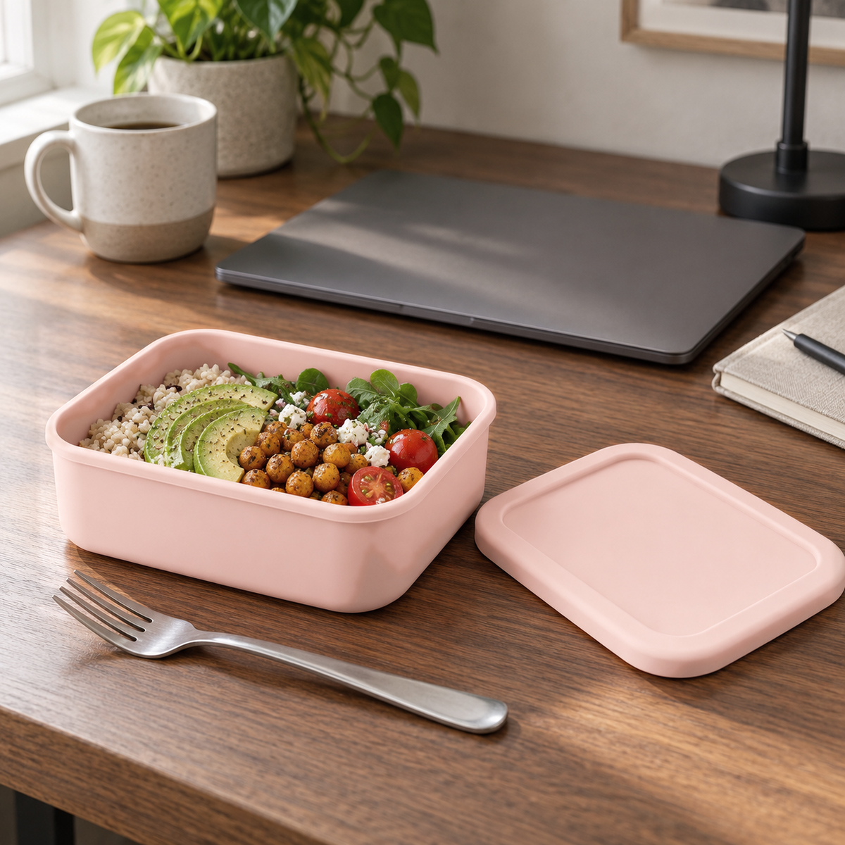 Pink silicone container holding a grain bowl lunch on a walnut desk, its lid lying beside it