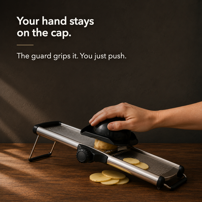 A hand resting flat on the mandoline's safety guard with the words Your hand stays on the cap, and the guard grips it, you just push