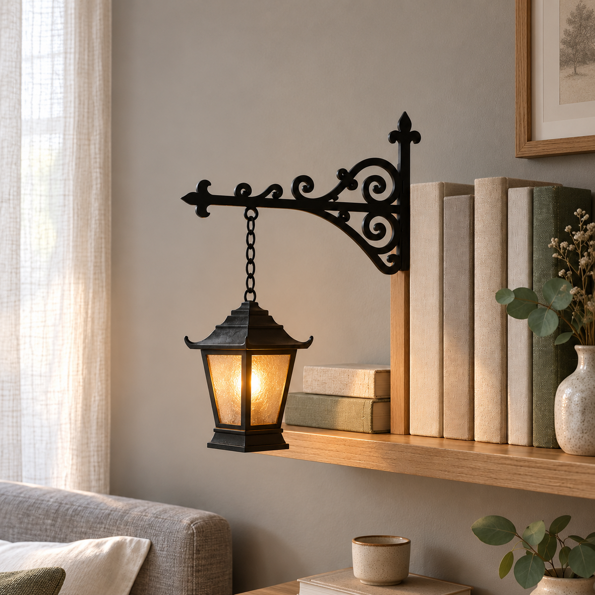 Stepped Lantern pendant with a tiered pagoda roof and frosted amber panes, on the black bracket on a bedroom shelf