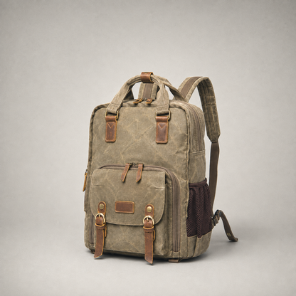 Waxed canvas camera backpack in khaki on a grey studio background.