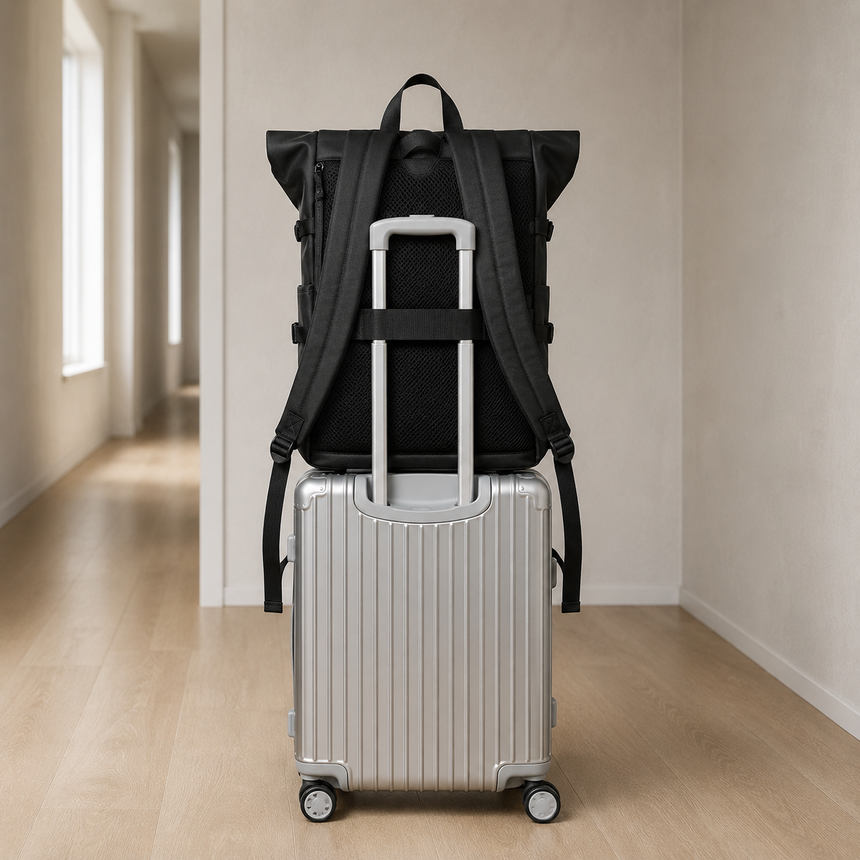 Roll top backpack seated over a suitcase telescopic handle by its luggage pass-through band in a hotel corridor