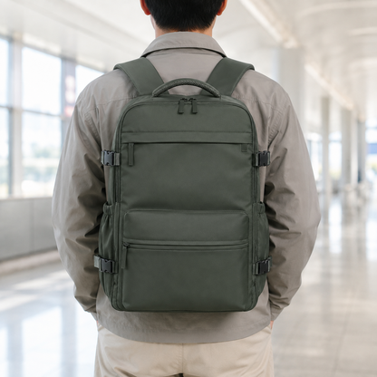 Olive green laptop backpack worn on the back, seen from behind in an airport terminal