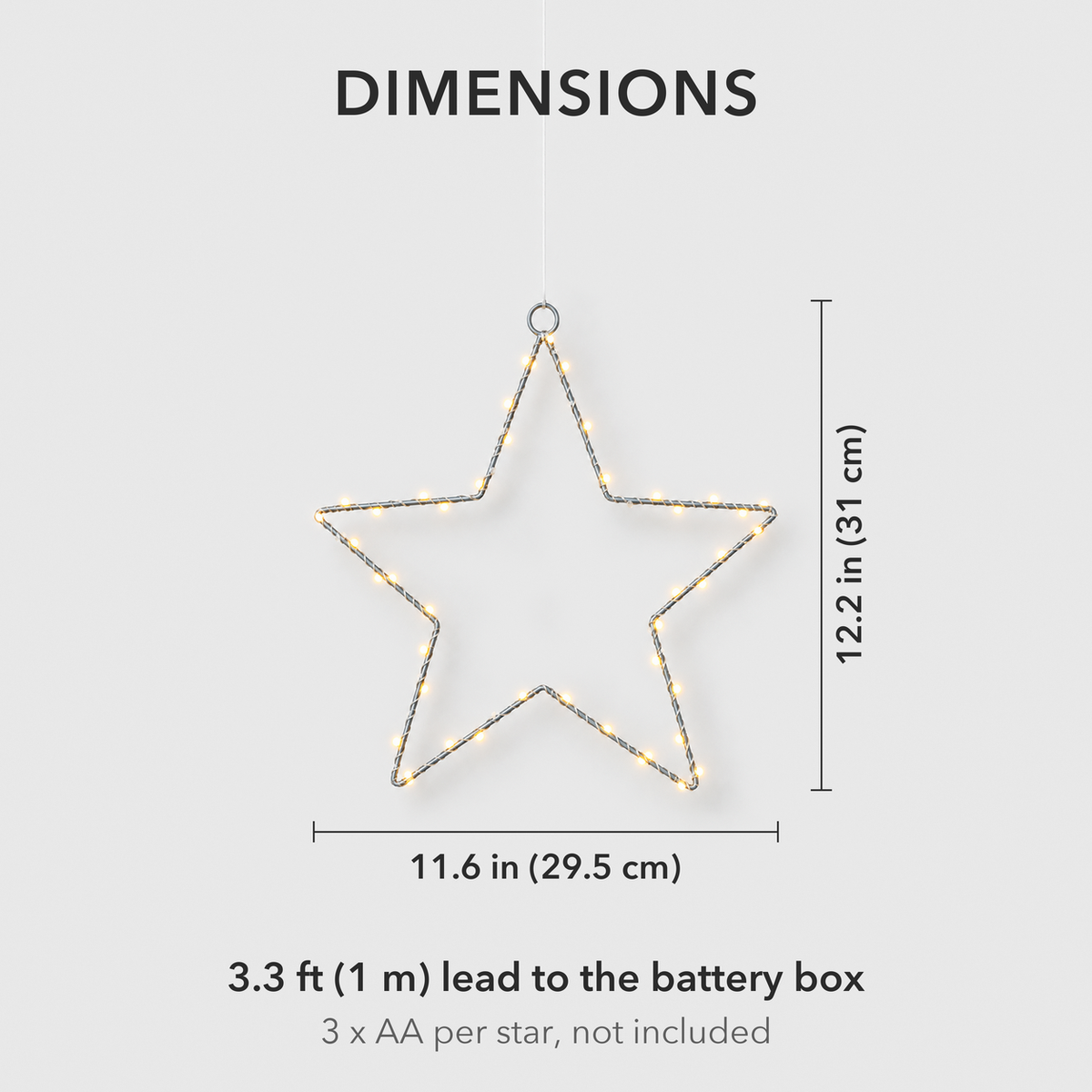 Star light dimensions: 11.6 inches wide and 12.2 inches tall, with a 3.3 foot lead to the battery box