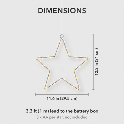 Star light dimensions: 11.6 inches wide and 12.2 inches tall, with a 3.3 foot lead to the battery box