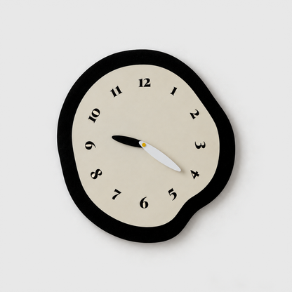 A black and cream abstract wall clock with a warped outline and no pendulum, on a light grey wall
