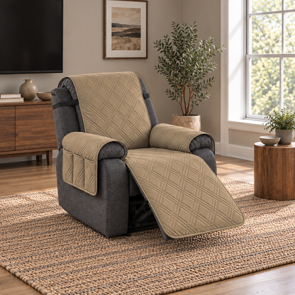 Beige quilted recliner slipcover with a three-compartment arm pocket on a charcoal recliner, footrest out, in a den with a TV