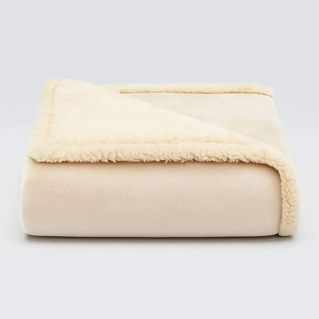 Beige waterproof blanket folded to show its plush face and paler cream sherpa reverse