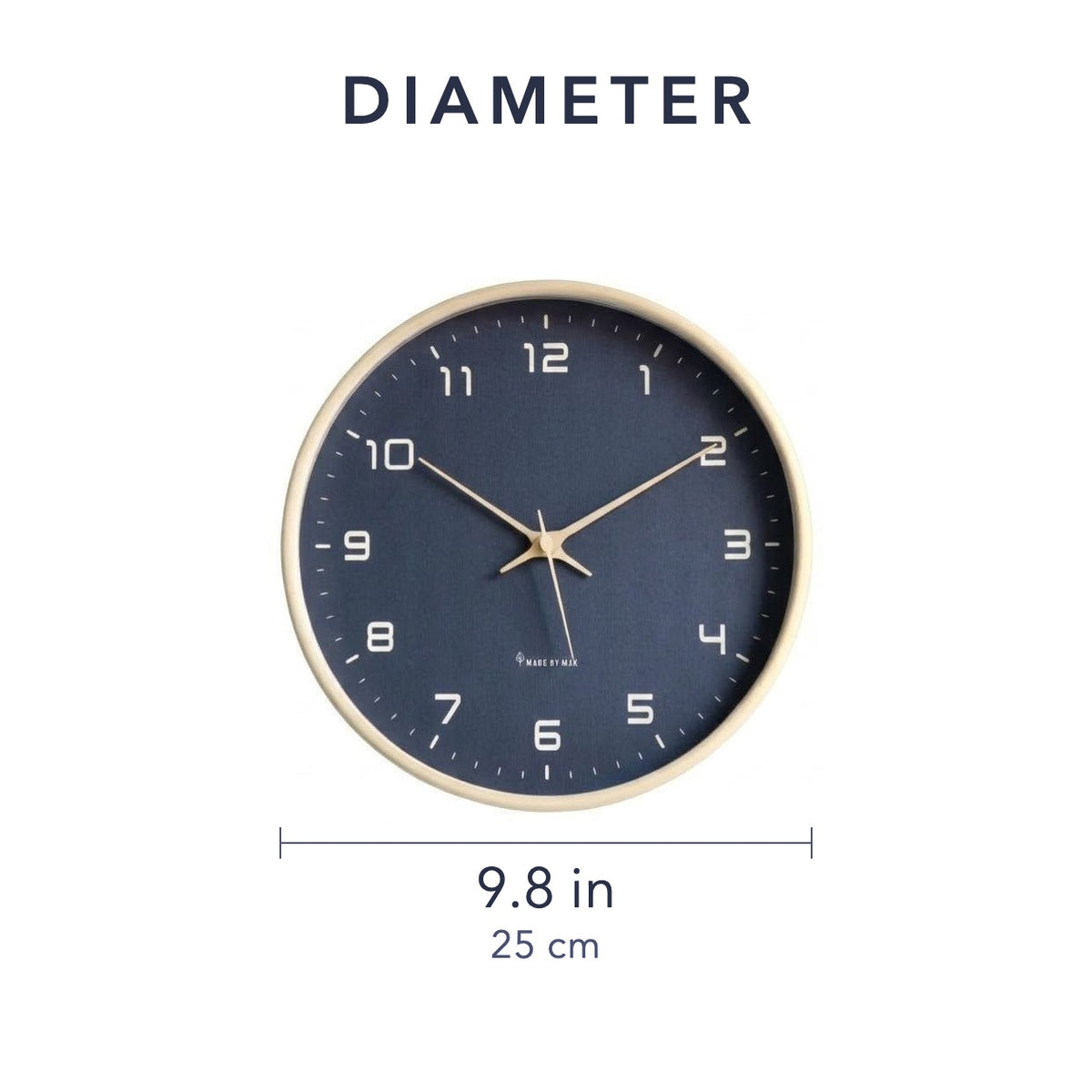 Text image: Diameter 9.8 inches, 25 centimeters, shown under the navy blue wall clock