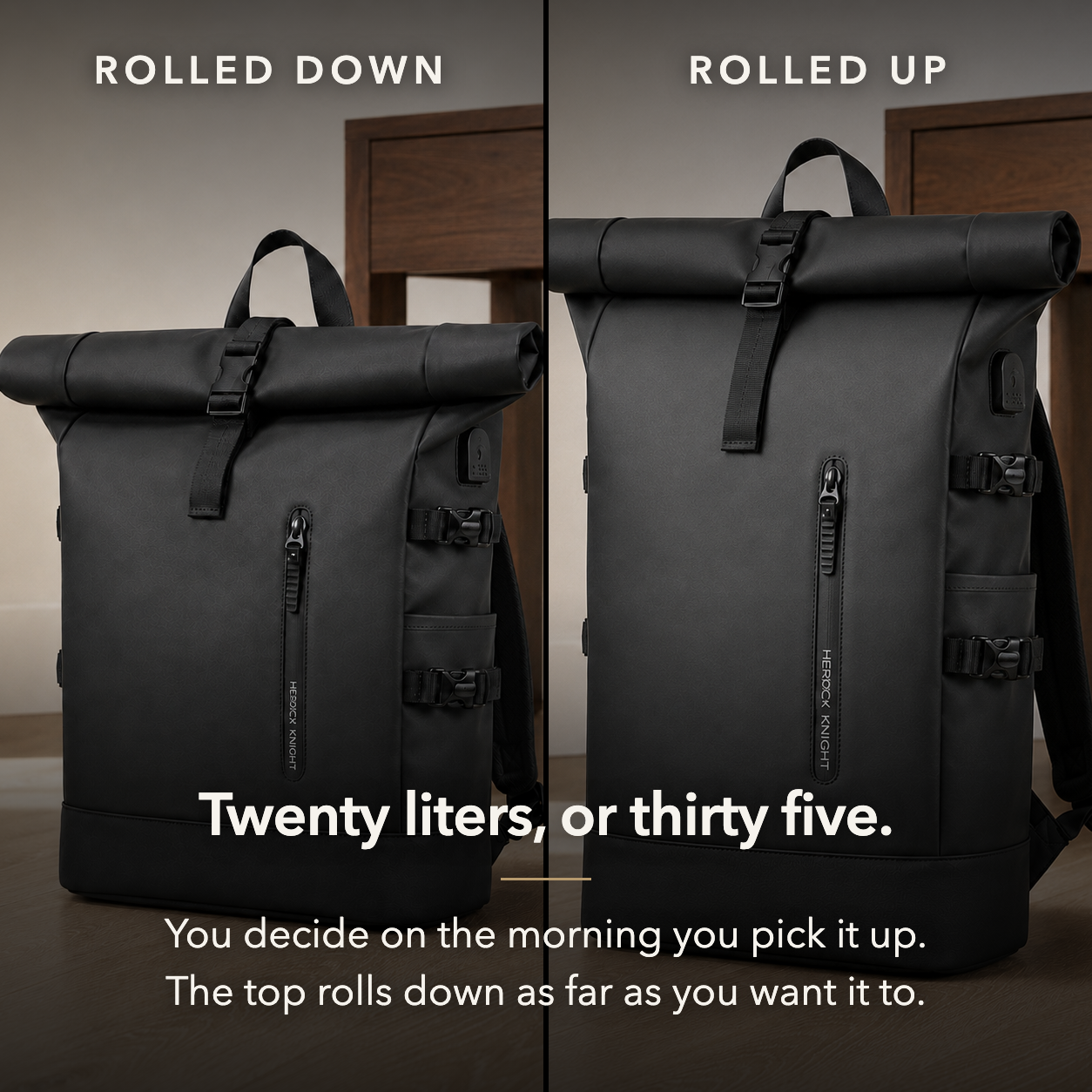 Claim card: twenty liters, or thirty five. The same bag shown rolled down and rolled up