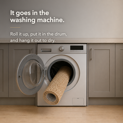 Text card. The doormat rolled up and going into the open drum of a front-loading washing machine in a utility room, with the off-white mesh backing showing at the end of the roll, headed It goes in the washing machine, above the lines Roll it up, put it in the drum, and hang it out to dry.