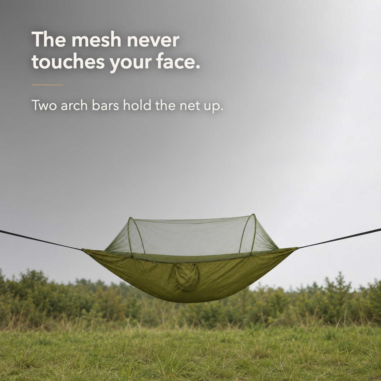 Claim card: the mesh never touches your face, two arch bars hold the net up