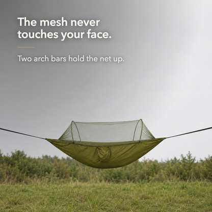 Claim card: the mesh never touches your face, two arch bars hold the net up
