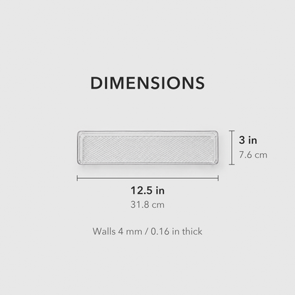 Dimensions of the clear drawer organizer tray: 12.5 inches long and 3 inches wide, walls 4 mm thick