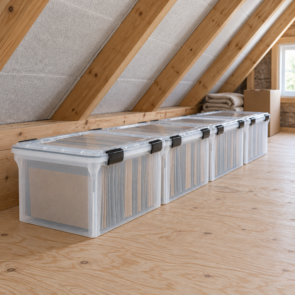 Row of clear latching file boxes on the plywood floor of an attic
