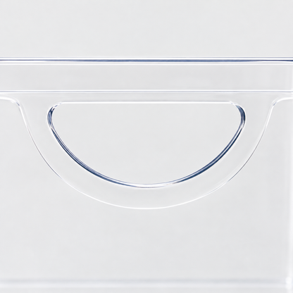 Close-up of the half-moon handle cut-out in the side wall of the clear pantry bin