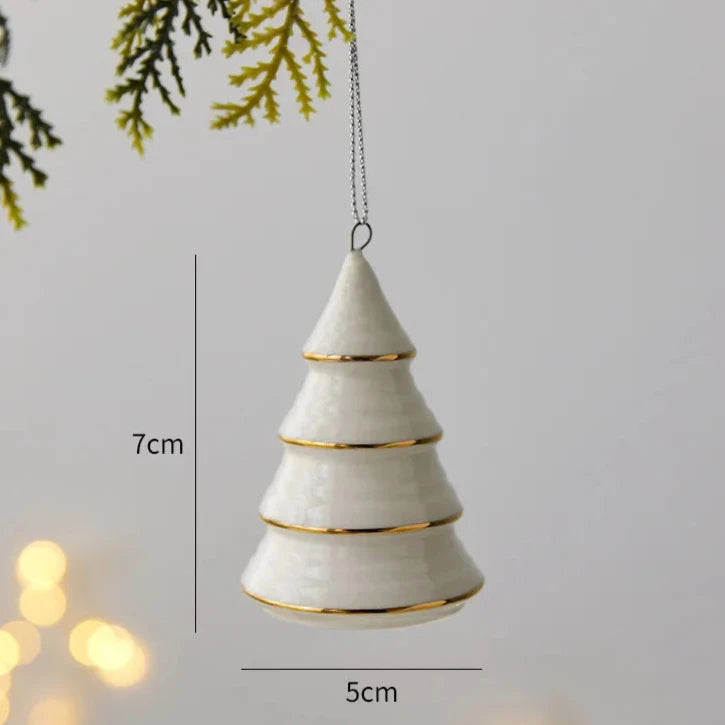 Cone ornament hanging from its cord, marked 7 centimeters tall and 5 centimeters wide
