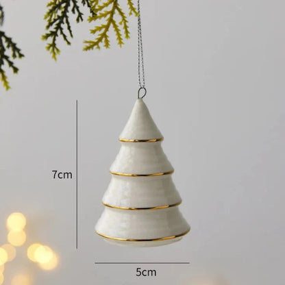Cone ornament hanging from its cord, marked 7 centimeters tall and 5 centimeters wide