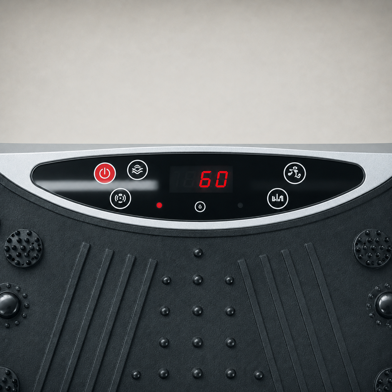 Close view of the vibration plate control panel, red button and lit red display