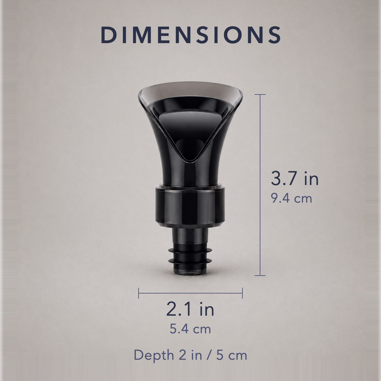 Dimension diagram of the wine stopper, 3.7 inches tall by 2.1 inches across, 2 inches deep