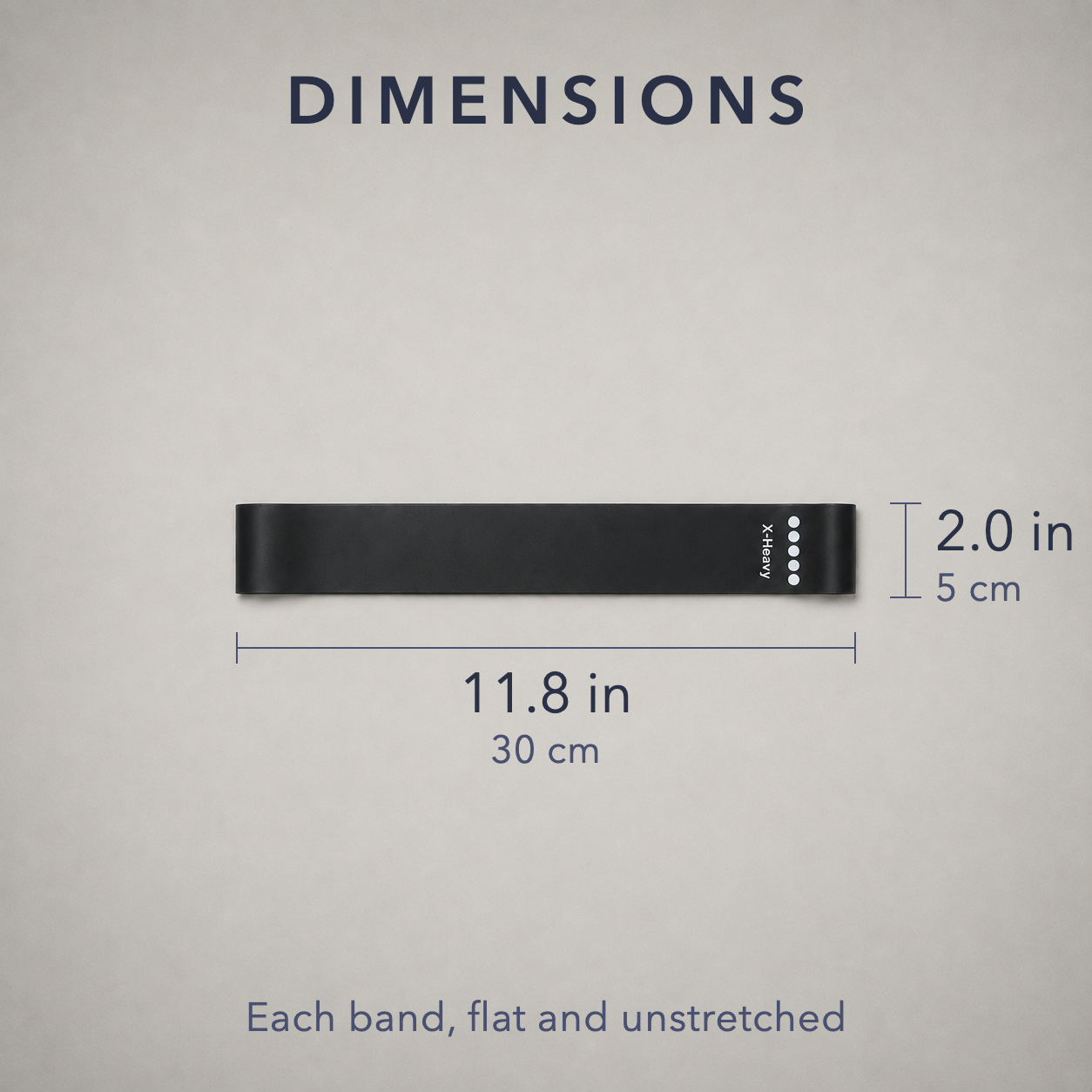 Dimension card: each band measures 11.8 in by 2.0 in, 30 cm by 5 cm, flat and unstretched