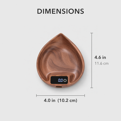 Walnut coffee scale dimensions: 4.6 in (11.6 cm) long and 4.0 in (10.2 cm) wide
