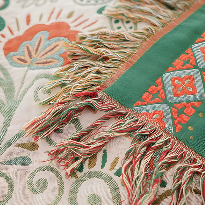 A close-up of a corner of the throw, showing the fine open gauze of the cream side, the deep green reverse and twisted multicolored tassels