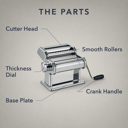 Labelled diagram of the pasta maker: cutter head, thickness dial, smooth rollers, crank handle and base plate