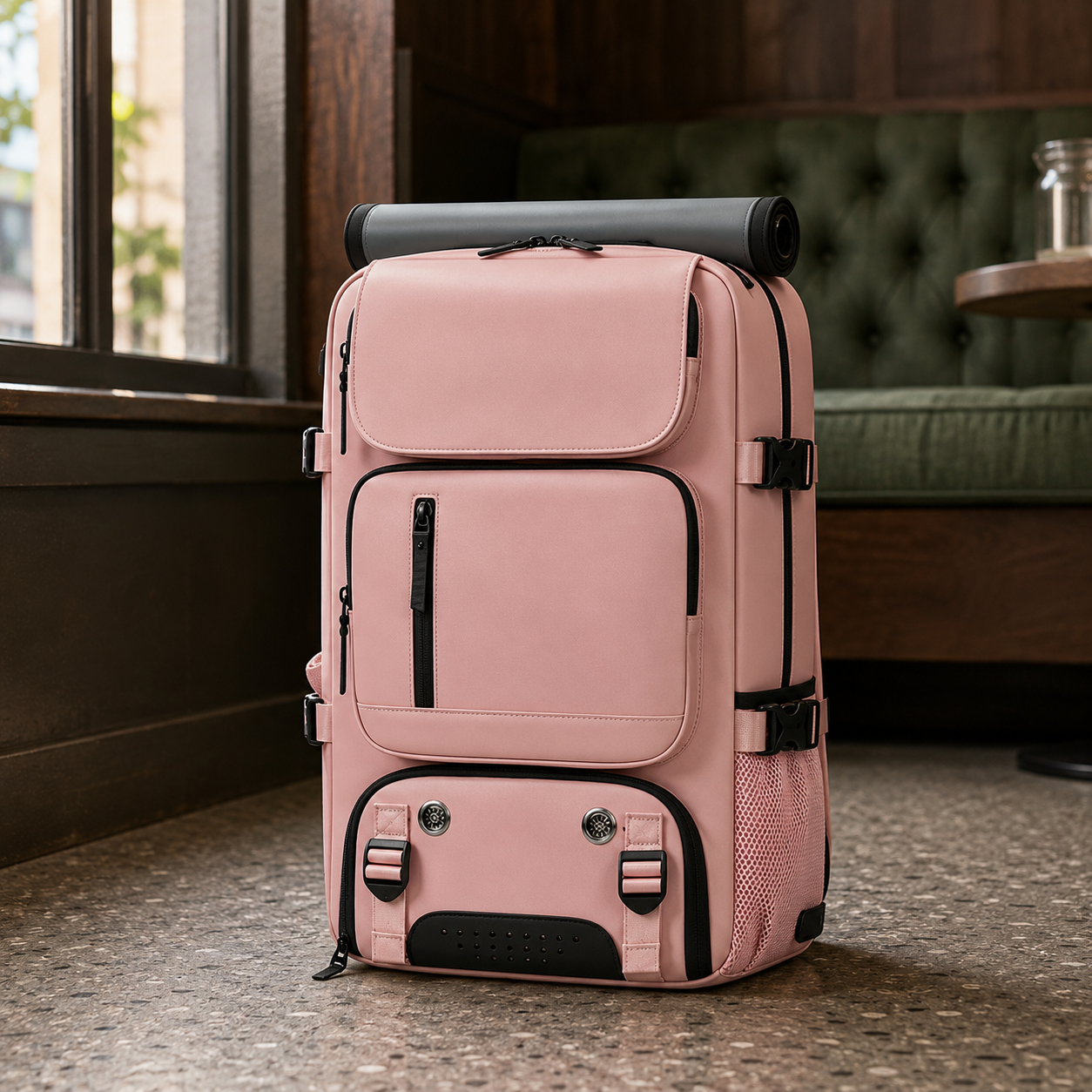Pink travel backpack on the floor of a cafe beside a window seat, green button back banquette behind it