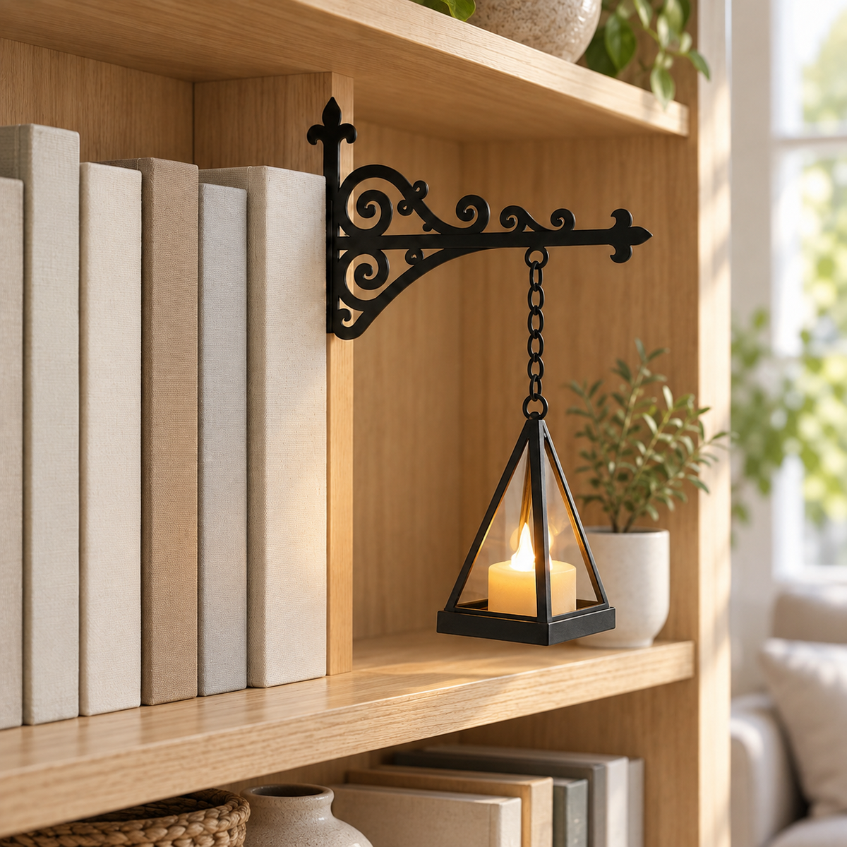 Pyramid Lantern pendant, an open frame holding a loose LED tealight, on the black bracket on pale oak shelving